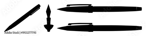 Fountain pen set with black silhouette design featuring fountain pen, ink pen, writing instrument with illustration and vector