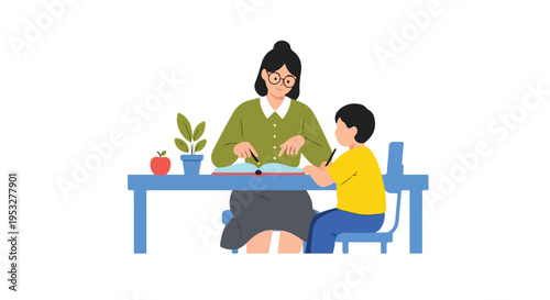 A dedicated teacher in a green shirt helps a young student with his lessons at a blue desk featuring a red apple and a plant.