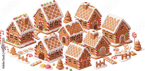 Christmas gingerbread village set with candy houses, festive holiday cottages, winter sweets decoration cute cartoon vector illustration collection