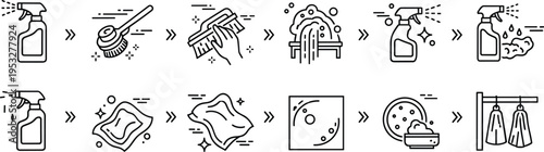 Cleaning process line icons set with spray brush sponge washing steps hygiene workflow outline vector illustration collection