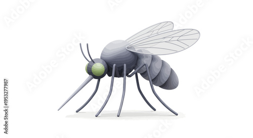 Detailed three-dimensional rendering of a grey mosquito, showcasing its intricate anatomy and delicate wings, representing summer nuisances and health concerns