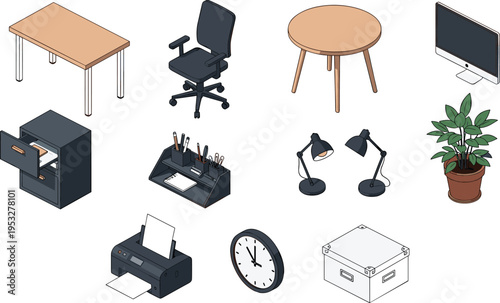 Isometric office furniture set, desk chair printer monitor lamp clock plant filing cabinet and stationery supplies, workspace equipment vector illustration.