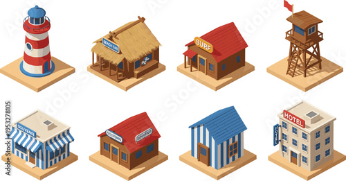 Isometric beach building set, lighthouse hotel souvenir shop surf bar lifeguard tower vector, coastal summer resort architecture, tropical vacation travel.