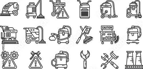 Cleaning service line icons set with industrial equipment tools, vacuum cleaner mop caution signs maintenance outline vector illustration