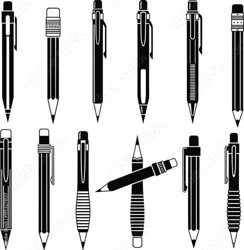 Pen and pencil silhouette set, writing tool collection, office stationery vector, ballpoint and graphite pencil icons, school supplies isolated illustration.
