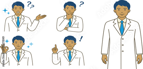 A collection of illustrations depicting a doctor in a white lab coat, showcasing various poses and expressions like thinking, questioning, and approval