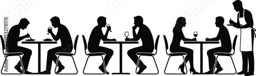 Silhouette of restaurant diners with waiter serving meals, people drinking wine, social dining scene, modern cafe interior, hospitality service concept illustration