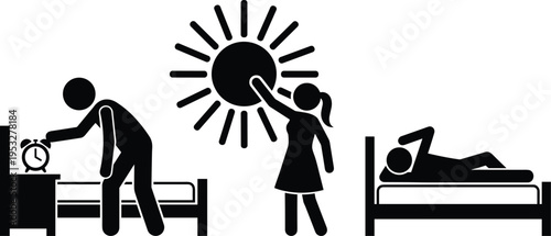 Silhouette of morning routine waking up with alarm clock, stretching under sunlight, daily lifestyle concept, sleep and wake cycle illustration