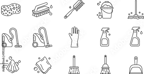 Cleaning tools line icons set with sponge brush vacuum mop spray bucket hygiene equipment outline vector illustration collection