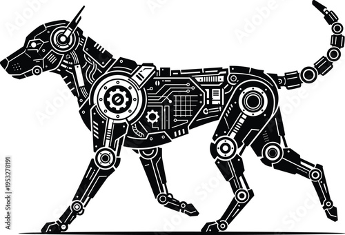 Silhouette of robotic dog with mechanical parts, futuristic technology concept, artificial intelligence and robotics innovation, cybernetic animal design, black and white illustration