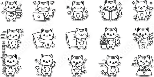 Cute cat daily activities doodle set with laptop coffee reading pillow plant kawaii kitten outline vector illustration collection