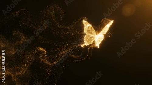 Panning shot of golden butterfly flying with magic particle effect