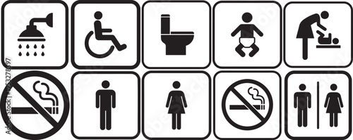 Black and white restroom signs with symbols and no smoking