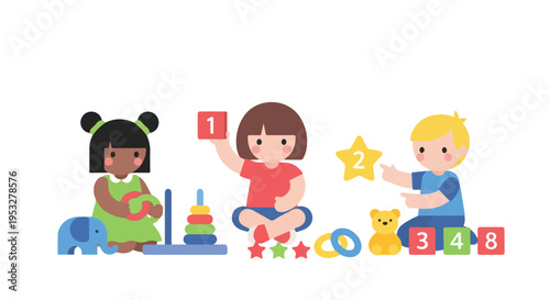 Three diverse children sit on the floor, happily playing with colorful educational toys like blocks, rings, and a teddy bear in a minimalist style.