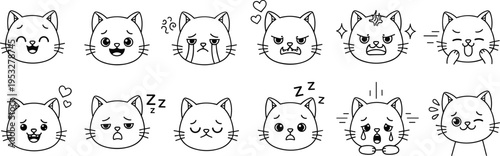 Cute cat emotions doodle set with happy sad angry sleepy expressions kawaii kitten face outline vector illustration collection