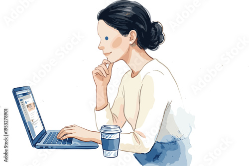 Thoughtful young woman engaging with digital content on her laptop, perhaps working remotely or browsing online with a refreshing beverage nearby, illustrating modern productivity and focus