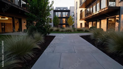Modern courtyard walkway for multifamily real estate marketing