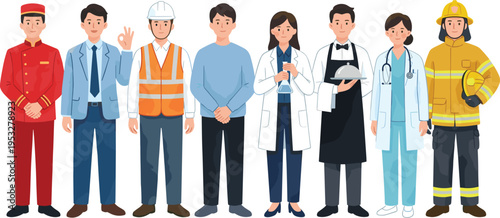 Diverse professionals in distinct uniforms showcasing a variety of careers and occupations including healthcare, construction, hospitality, and emergency services
