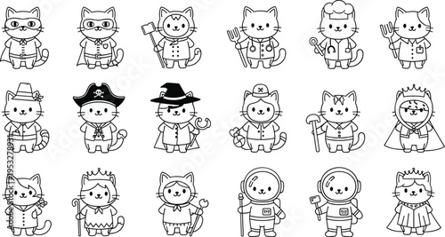 Cute cat profession costume doodle set with superhero chef pirate king astronaut kawaii kitten outline vector illustration collection