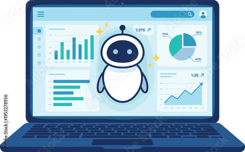 AI chatbot interface on a laptop screen showing analytics, graphs, and charts for business insights