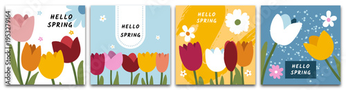 Colección de tarjetas de felicitación y pósteres para primavera con tulipanes y margaritas. Plantillas de arte floral dibujadas a mano para el Día de la Mujer, cumpleaños, Día de la Madre, Pascua