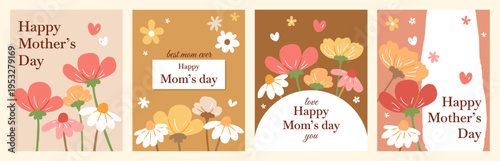 Conjunto de tarjetas para el Día de la Madre. Pósteres modernos con flores silvestres, margaritas, rosas. Plantillas florales dibujadas a mano para el Día de la Madre, Día de la Mujer, 8 de marzo