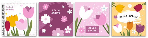 Colección de tarjetas y portadas para las fiestas de primavera con tulipanes y margaritas color rosa. Plantillas florales dibujadas a mano para el Día de la Madre, Pascua, Día de la Mujer