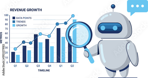 Artificial intelligence robot examines revenue growth chart, providing strategic business insights and performance trends for future financial planning and market success