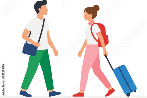 Young couple with luggage walking on a white background, ready for a vacation or travel adventure