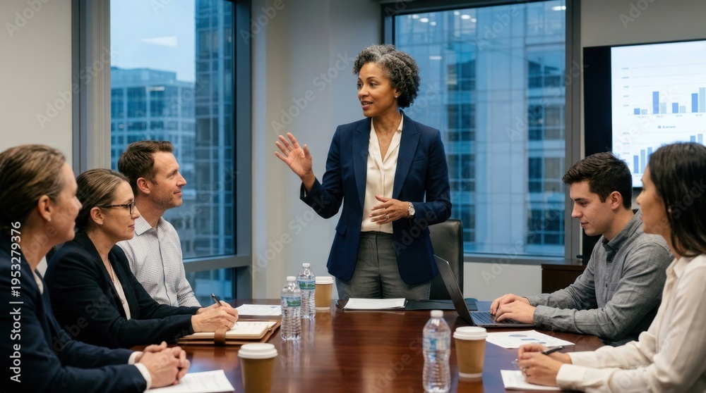 Fototapeta premium A business meeting in a modern office with a cityscape in the background.