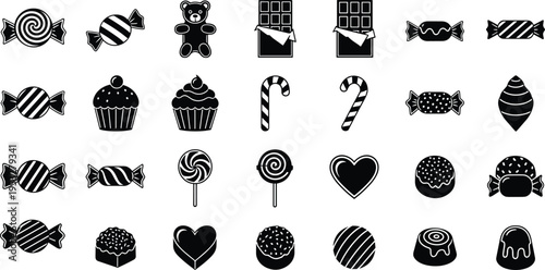 WebBig Set of Sweet Candy Icons Including Chocolate Bars Lollipops Gummy Bears Cupcakes and Hard Candies Isolated on White Background Vector