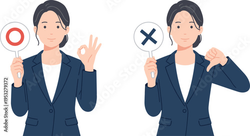 A business professional woman making decisions with circular and cross signs for approval and rejection