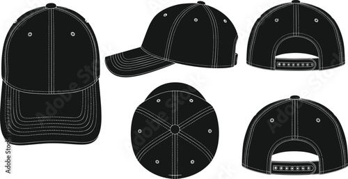 WebBlank Black Baseball Cap Technical Sketch Template Featuring Front Side Back Top and Snapback Views for Apparel Design Vector Illustration