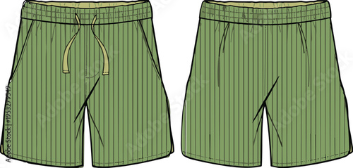 Green corduroy shorts vector illustration featuring technical sketch, front and back views, elastic waistband with drawstring, and casual summer fashion apparel.