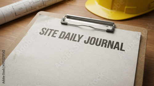 Site Daily Journal Clipboard with Construction Helmet in Background