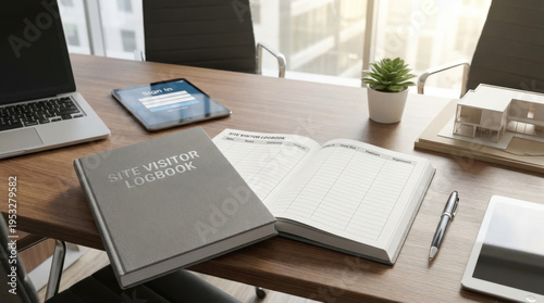 Professional Site Visitor Logbook Open on Desk with Tablet and Planner