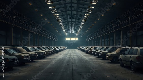 succinct. A vast, empty warehouse with rows of dust-covered vehicles under dim industrial lighting. mobility guides, transit brochures, designed for mobility and urban transit guides.