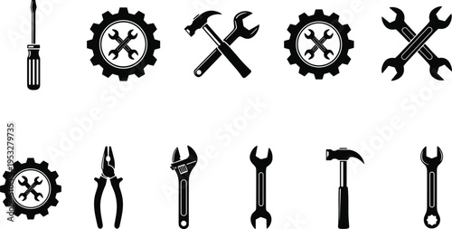 Set of black industrial repair tool icons including hammer, wrench, screwdriver, and gears, vector illustration isolated on white background, maintenance. (20 words)