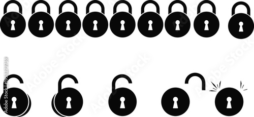 WebSet of Black Padlock Icons Showing Locked and Unlocked States for Security Protection Privacy and Safety Concepts Vector Illustration Silhouette Design