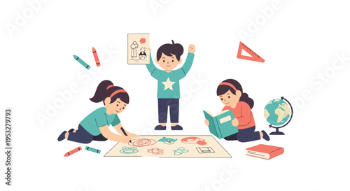 Three young children are happily engaged in educational activities like drawing, reading, and showcasing art, surrounded by various school supplies.