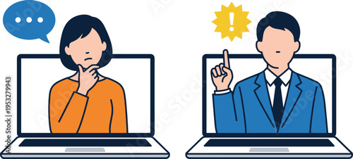Illustration of two people communicating online via laptops, one thinking and the other having an idea