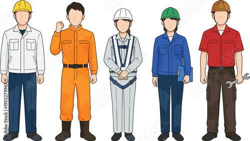 A diverse group of five workers in various uniforms, representing different professions and industries