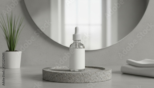Minimal Modern Glass Dropper Bottle on Stone Tray in Clean Bathroom