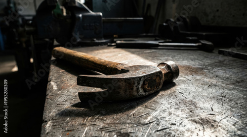 Rusty Hammer and Worn Clamps on Weathered Steel Workbench