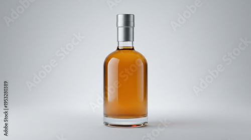 Smooth Glass Bottle of Amber Liquor Standing on White Surface