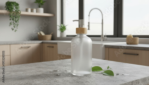 Frosty Glass Soap Dispenser with Wood Pump in Modern Kitchen