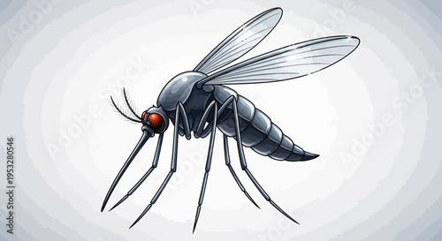 Dangerous Flying Mosquito Illustration with Red Eyes Representing a Common Insect Pest and Global Disease Vector Threat, Evoking Summer Annoyance and Health Risk