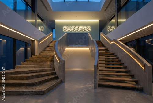 Modern Staircase Centered with Success Sign Backlit