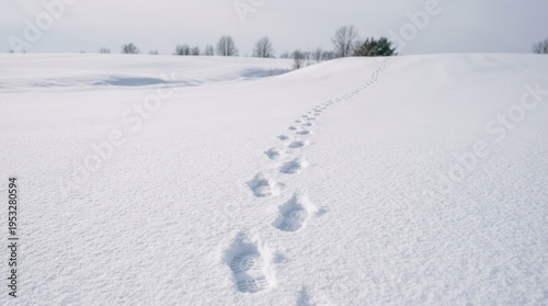 A snow-covered landscape with a trail of animal tracks leading towards a forested area.
