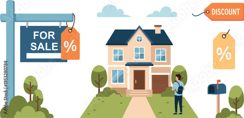 Real estate house for sale flat vector illustration with discount price tags mortgage offer property investment and home ownership